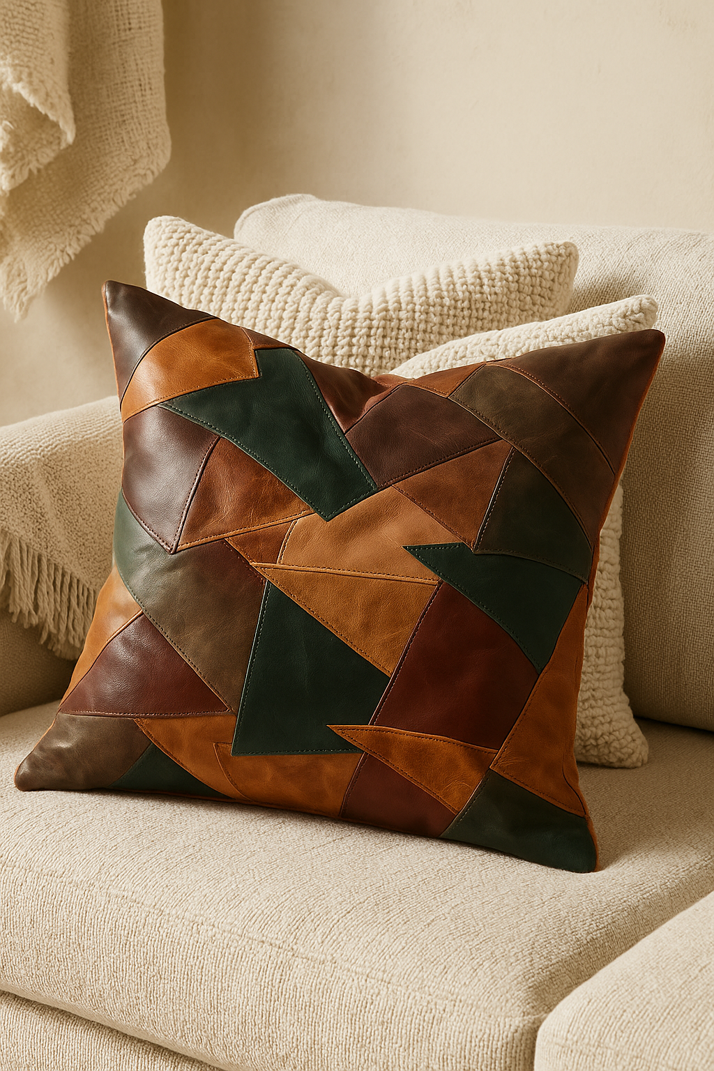 Modern Rustic' Leather Patchwork Cushion Cover - Earth Tones