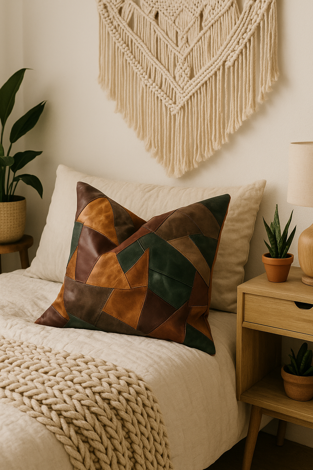 Modern Rustic' Leather Patchwork Cushion Cover - Earth Tones