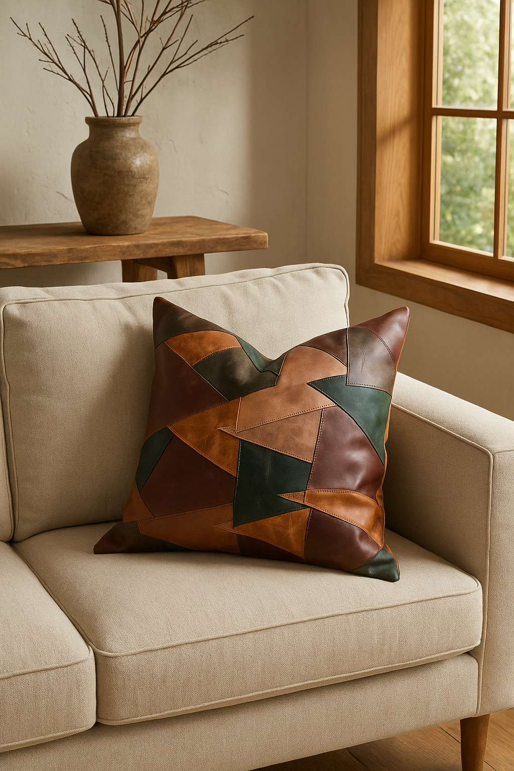 Modern Rustic' Leather Patchwork Cushion Cover - Earth Tones