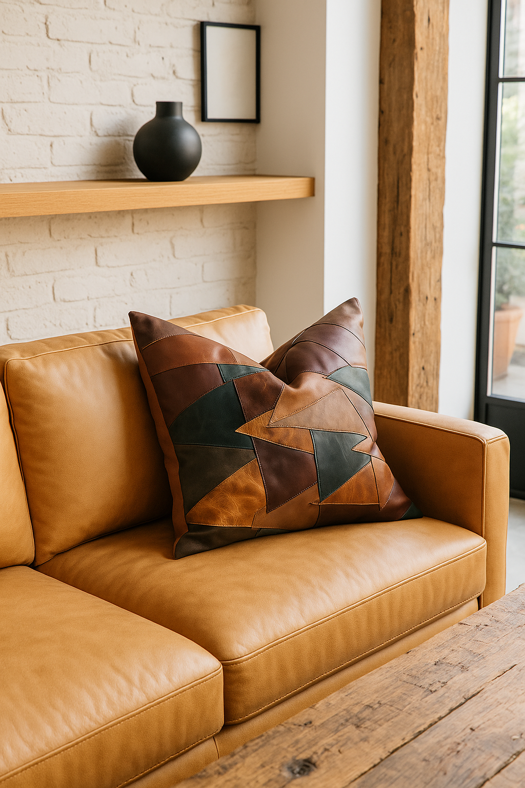 Modern Rustic' Leather Patchwork Cushion Cover - Earth Tones