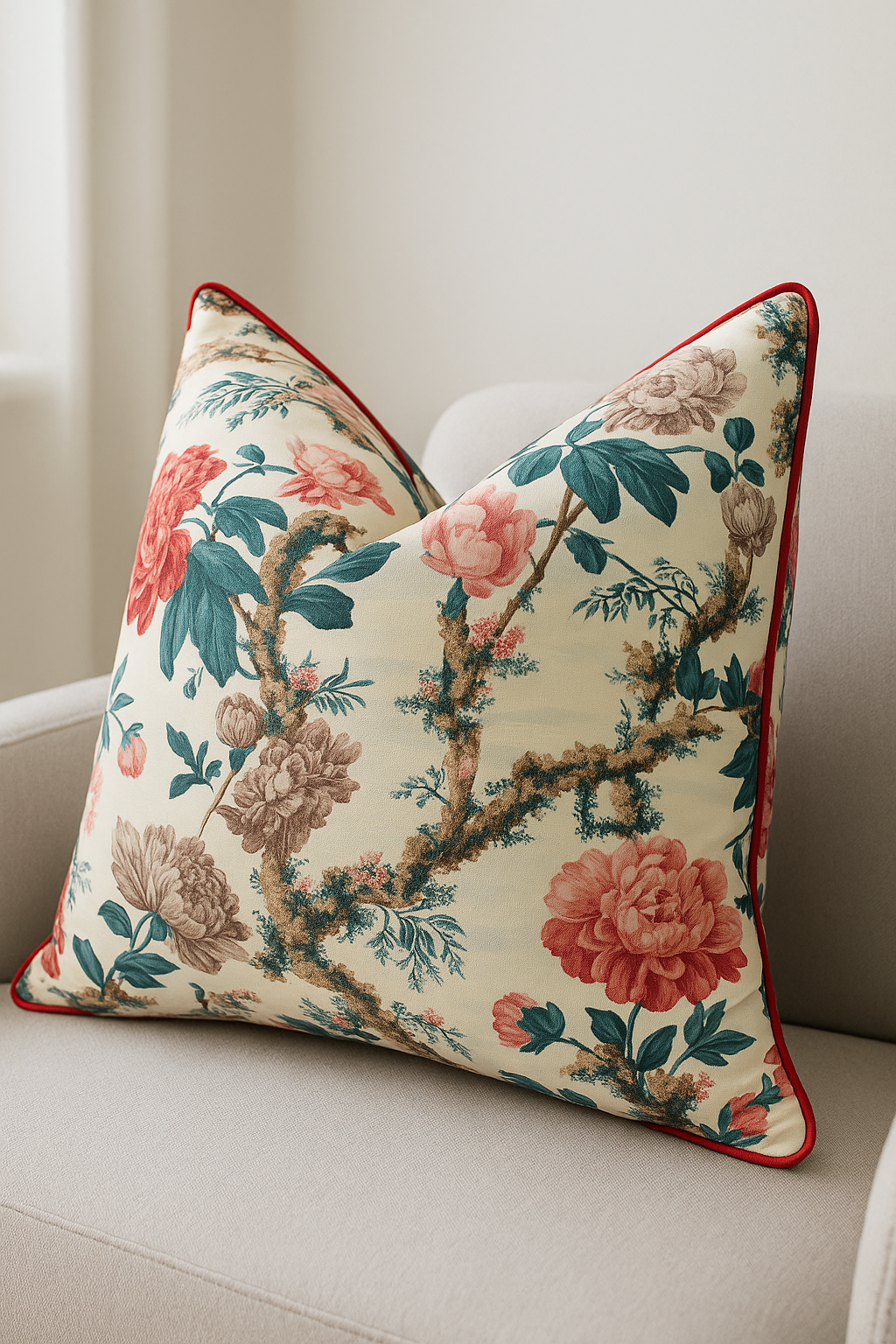 "Vintage-inspired cotton floral cushion cover in ivory with red piping on beige sofa"
