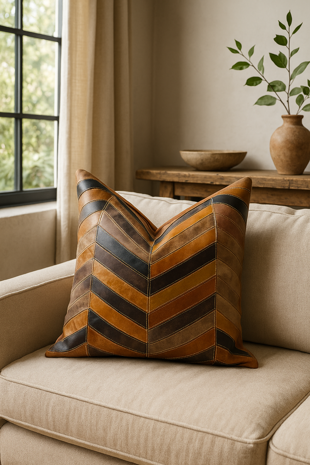 Chevron Patch Leather Cushion - Textured Art