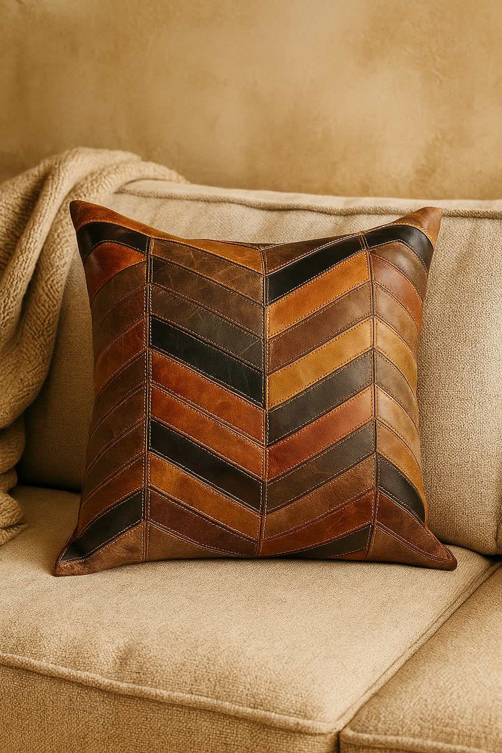 Chevron Patch Leather Cushion - Textured Art