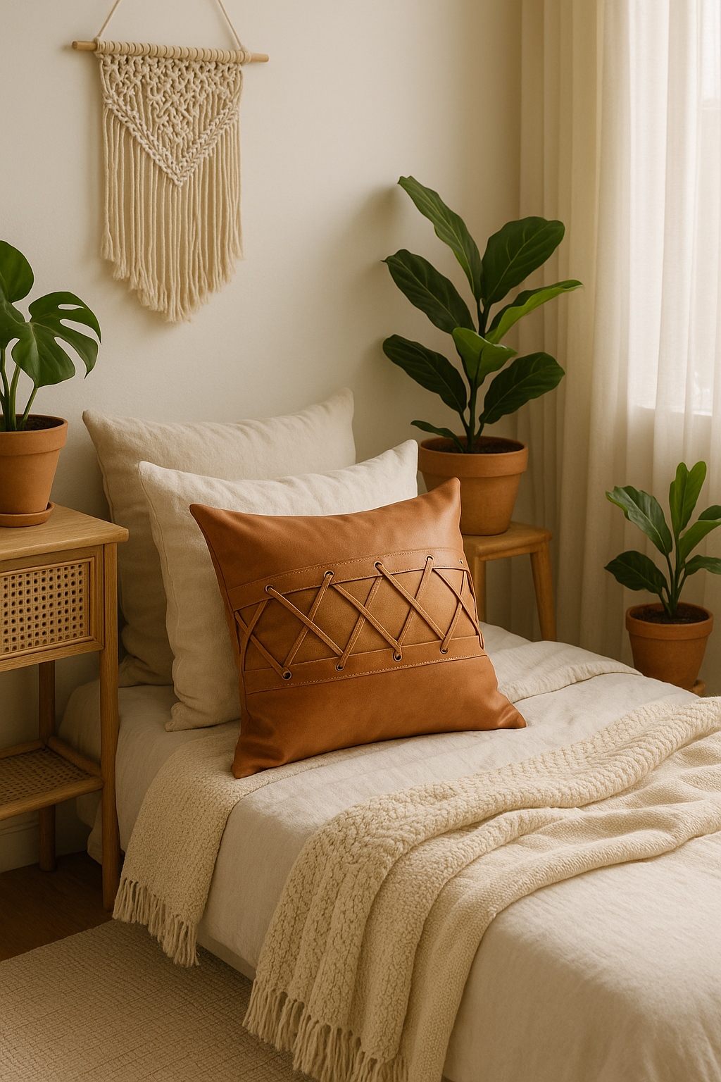 Tan Leather Cushion with Lacing - Artisanal Warmth