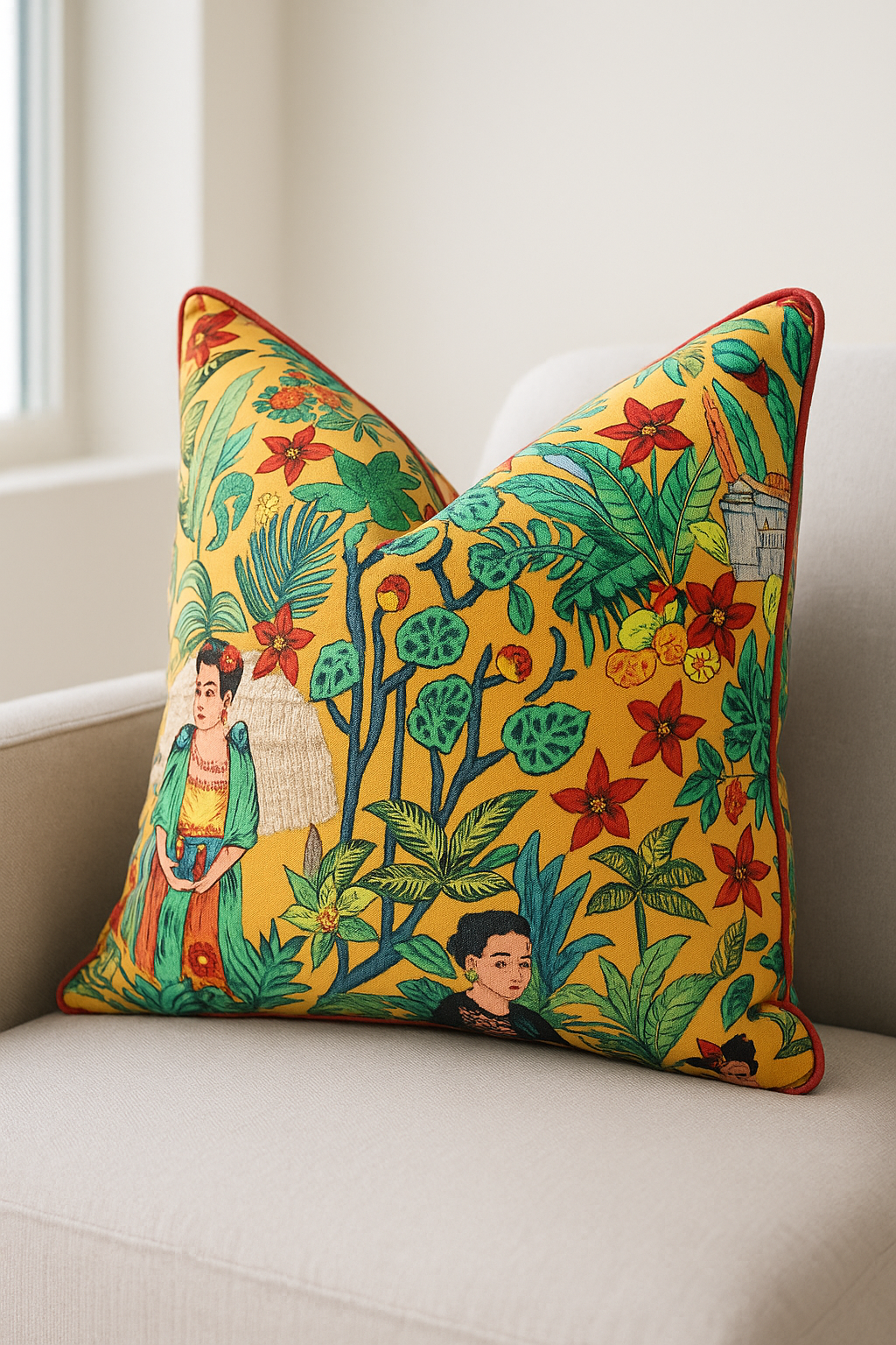 Colorful Frida-inspired cotton cushion with botanical and portrait print on a cream bed setting – 45x45cm by Melbourne Leather Co.

