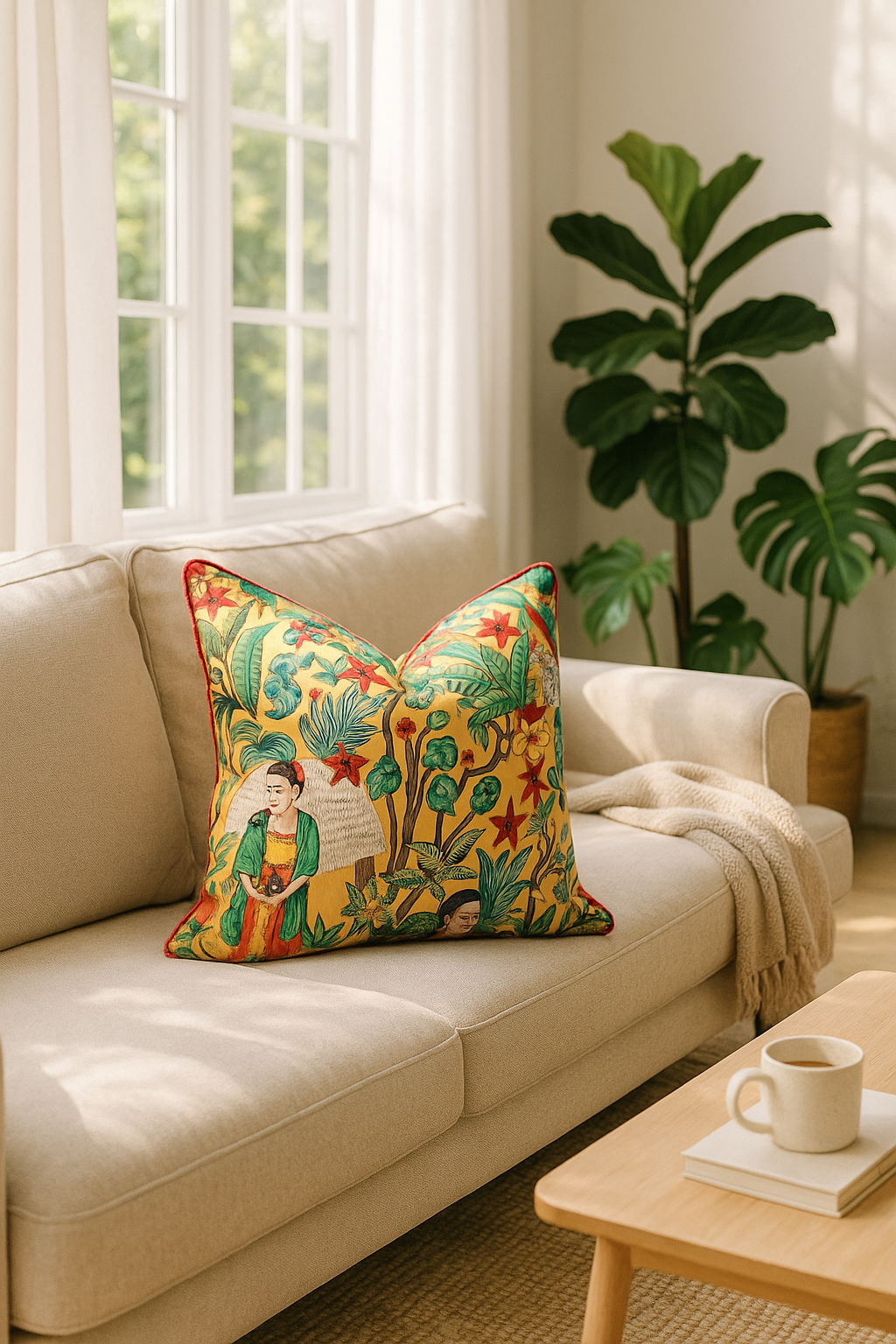 "Frida's Surreal Vibrance" 100% Cotton Cushion Cover - Orange