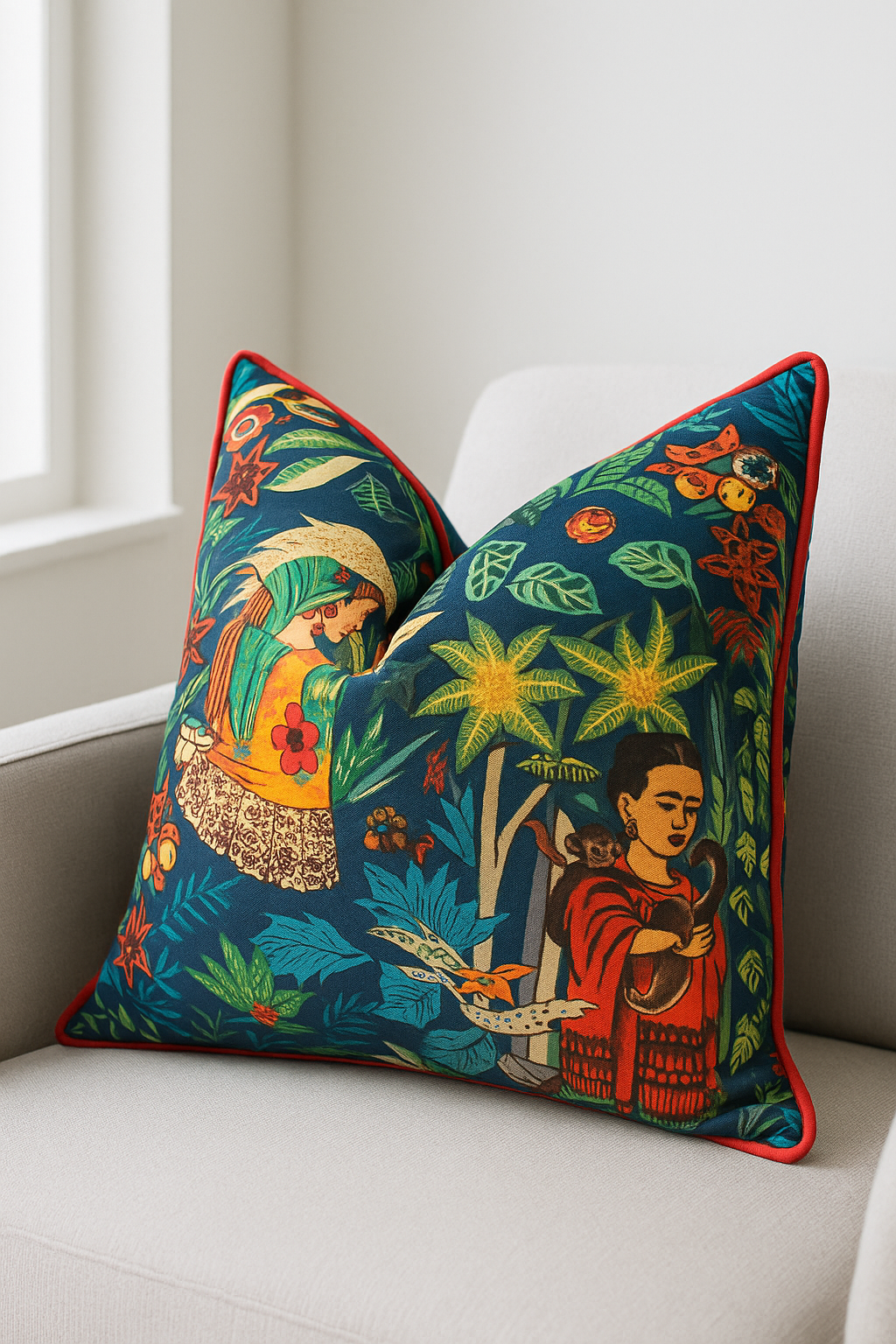 Tropical embroidered cushion with Frida Kahlo-inspired design on cotton fabric, 45x45cm, styled on a cream sofa with indoor plants.