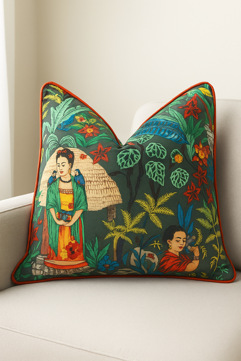 'Bohemian Jungle Art' 100% Cotton Cushion Cover - Dark Grey