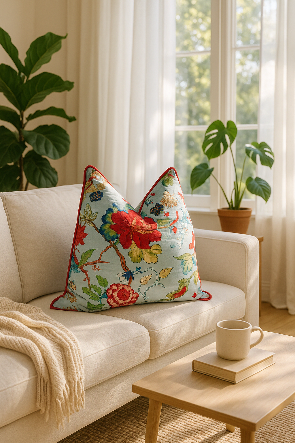 Vintage Blue Floral 100% Cotton Cushion Cover - Sky Blue