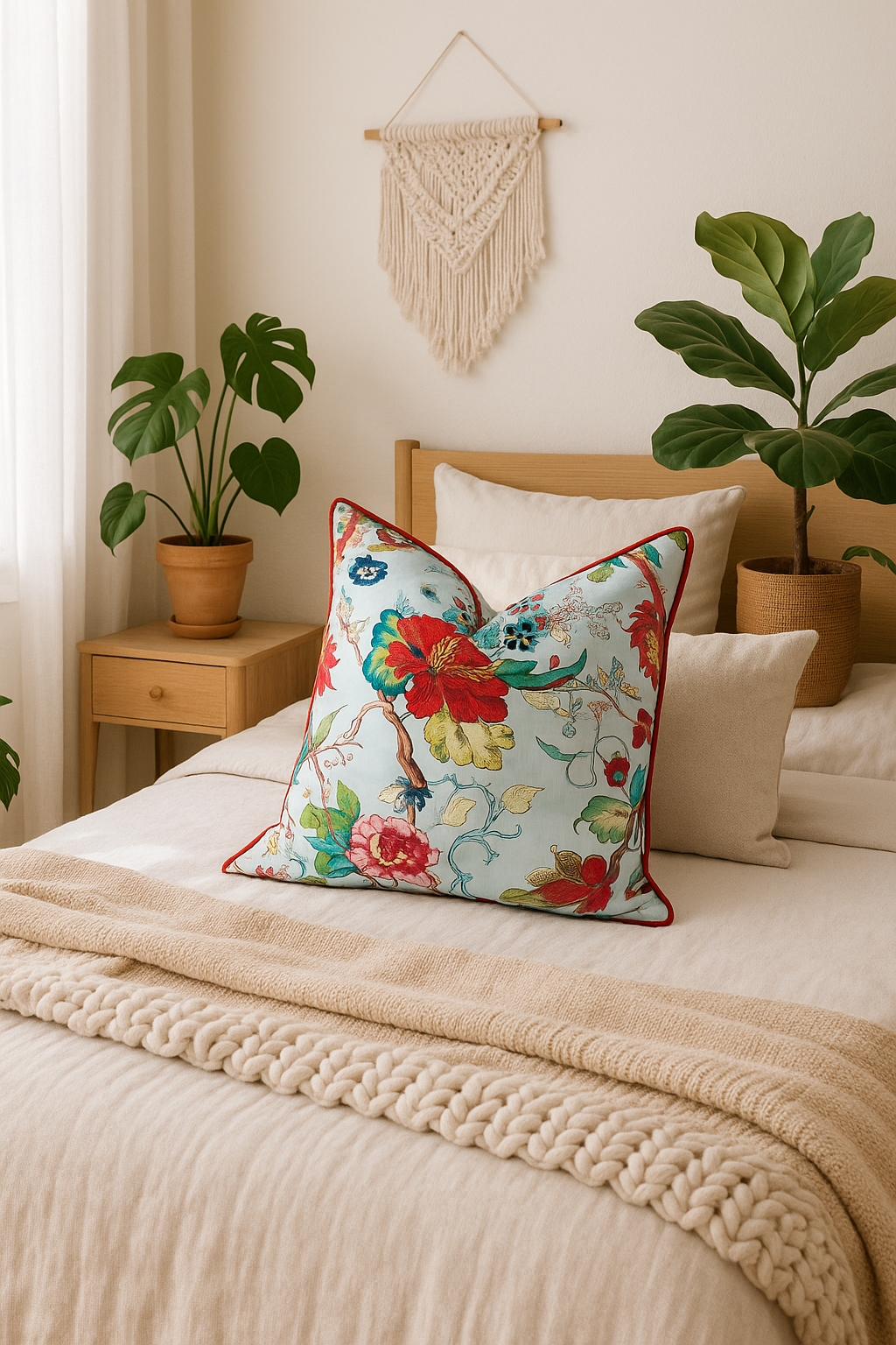 Vintage Blue Floral 100% Cotton Cushion Cover - Sky Blue