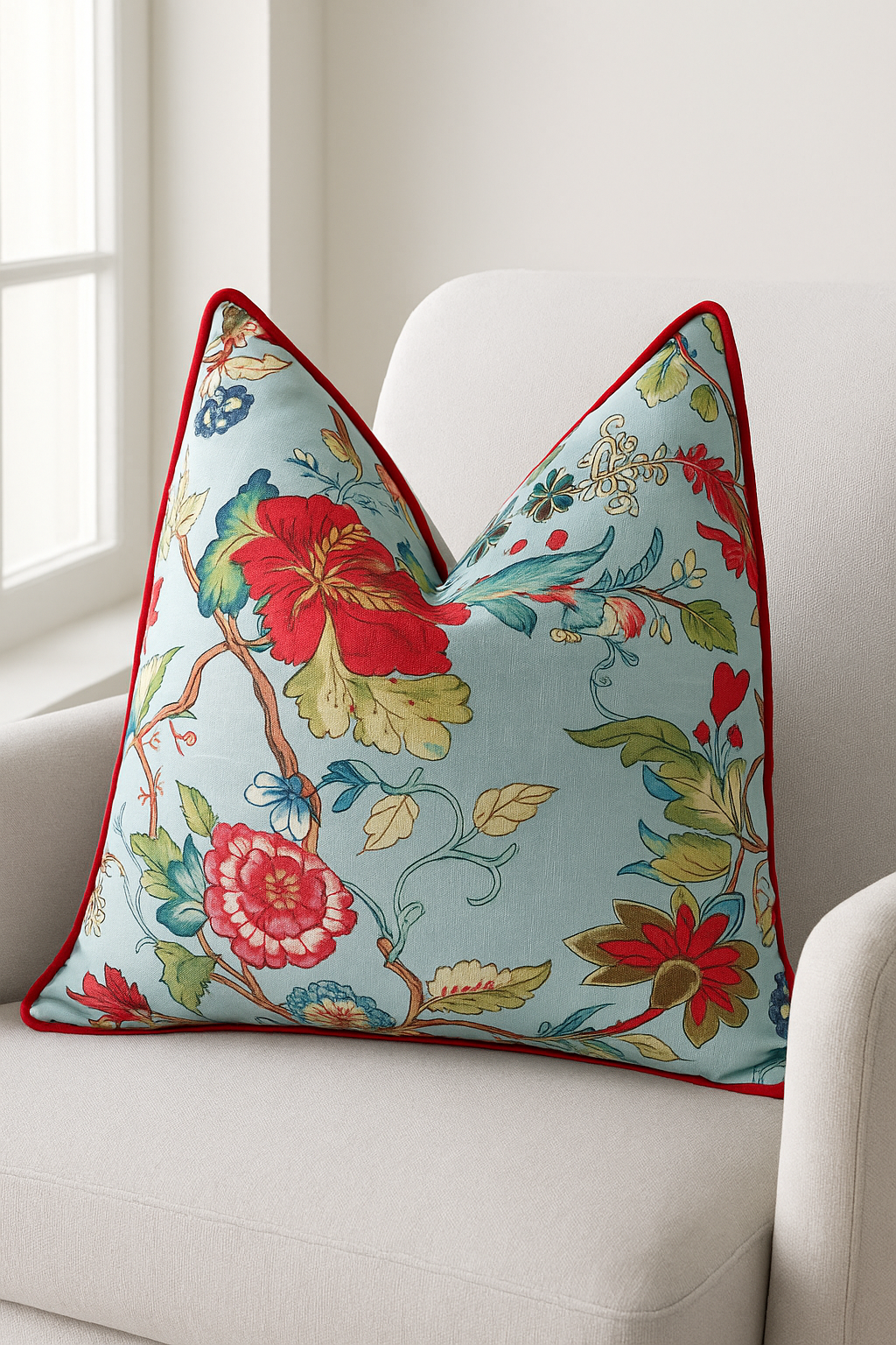 "Vintage floral faux leather cushion with red piping on sky blue background – 45x45cm decorative cushion by Melbourne Leather Co."
