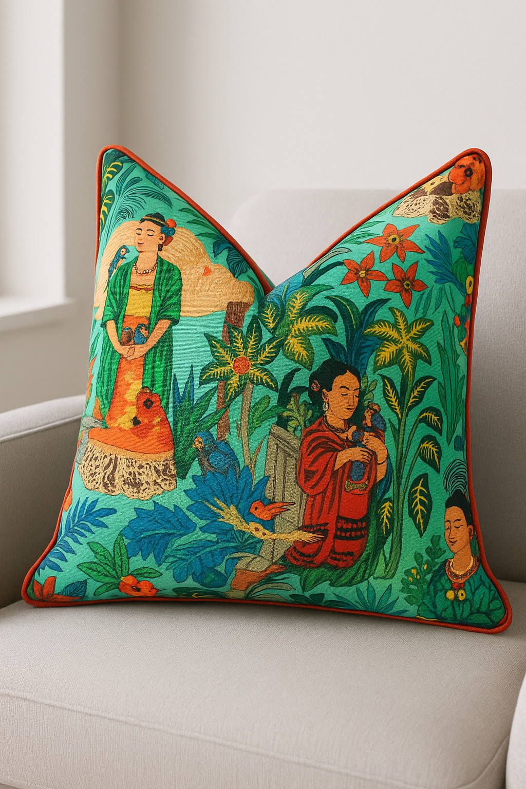 Tropical folklore cotton cushion with bright botanical and artisan woman print on turquoise background, red piped border – 50x50cm cushion by Melbourne Leather Co.
