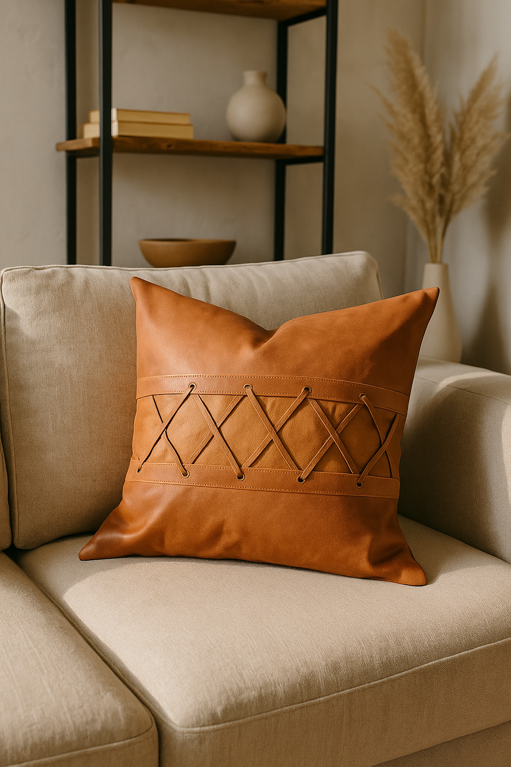 Tan Leather Cushion with Lacing - Artisanal Warmth