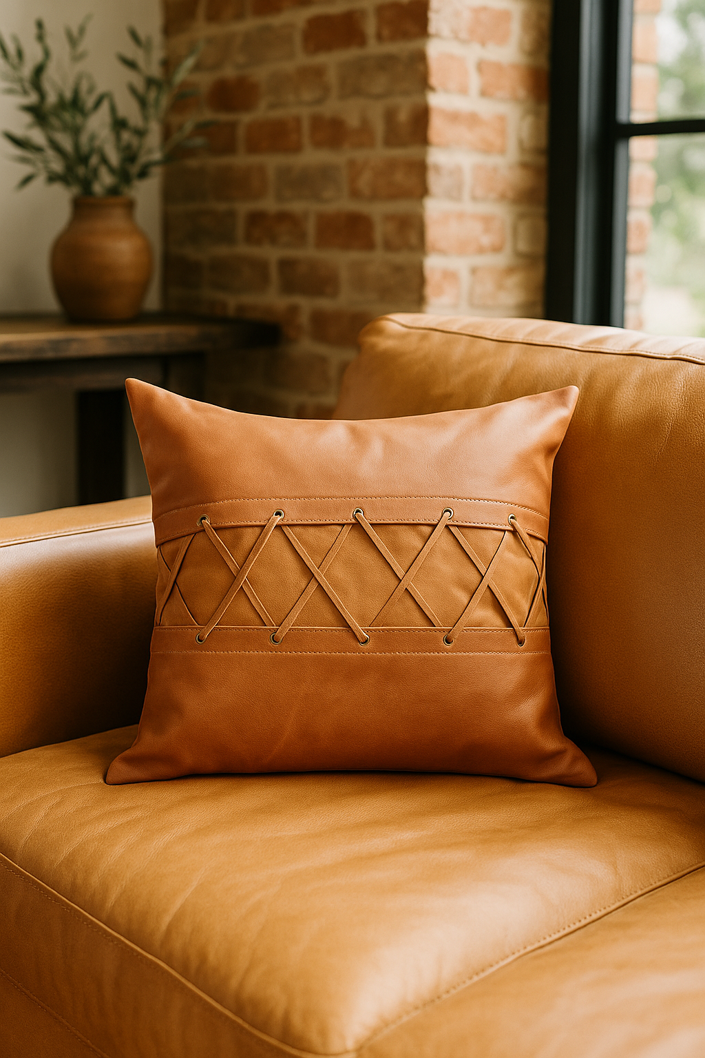 Tan Leather Cushion with Lacing - Artisanal Warmth
