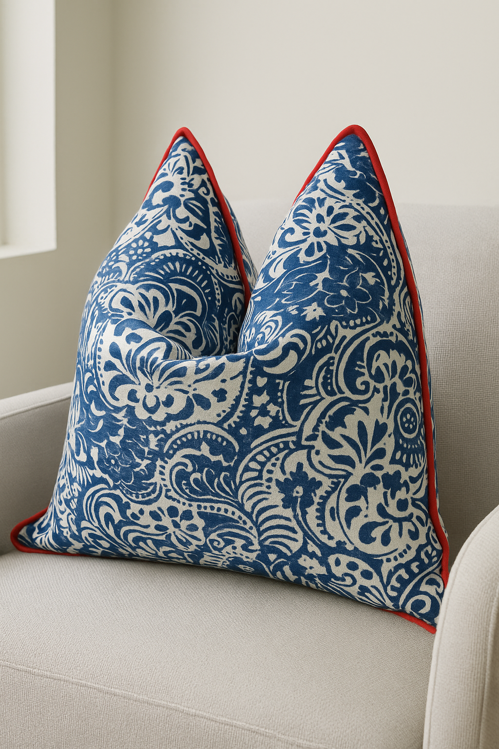 Blue and white damask block printed cotton cushion with red piping, styled on a white wicker chest in a leafy outdoor garden.
