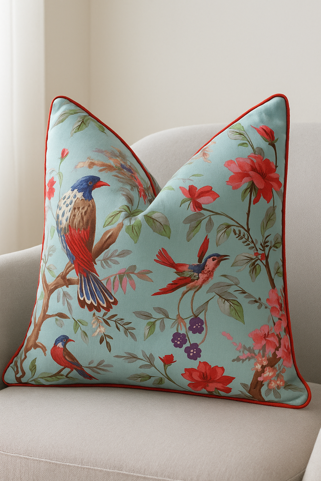 Block printed aqua cotton cushion with red piping, featuring tropical birds and bright florals, styled outdoors on a white wicker bench.