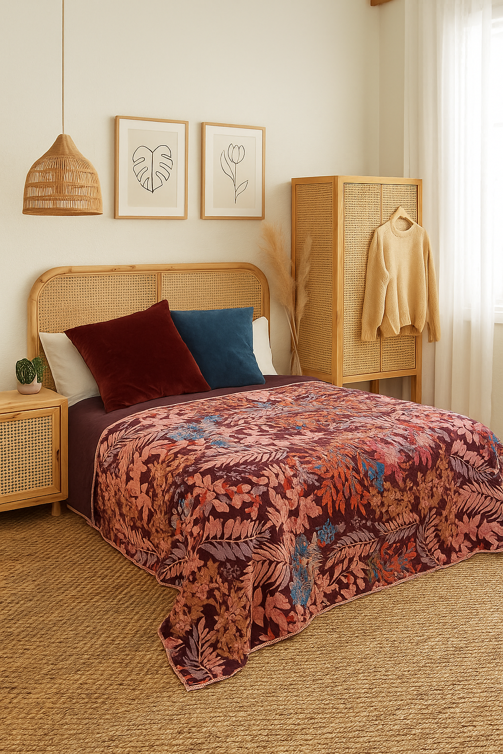 Luxury Cotton Velvet Embroidered Quilt – Autumn Garden in Rust & Wine