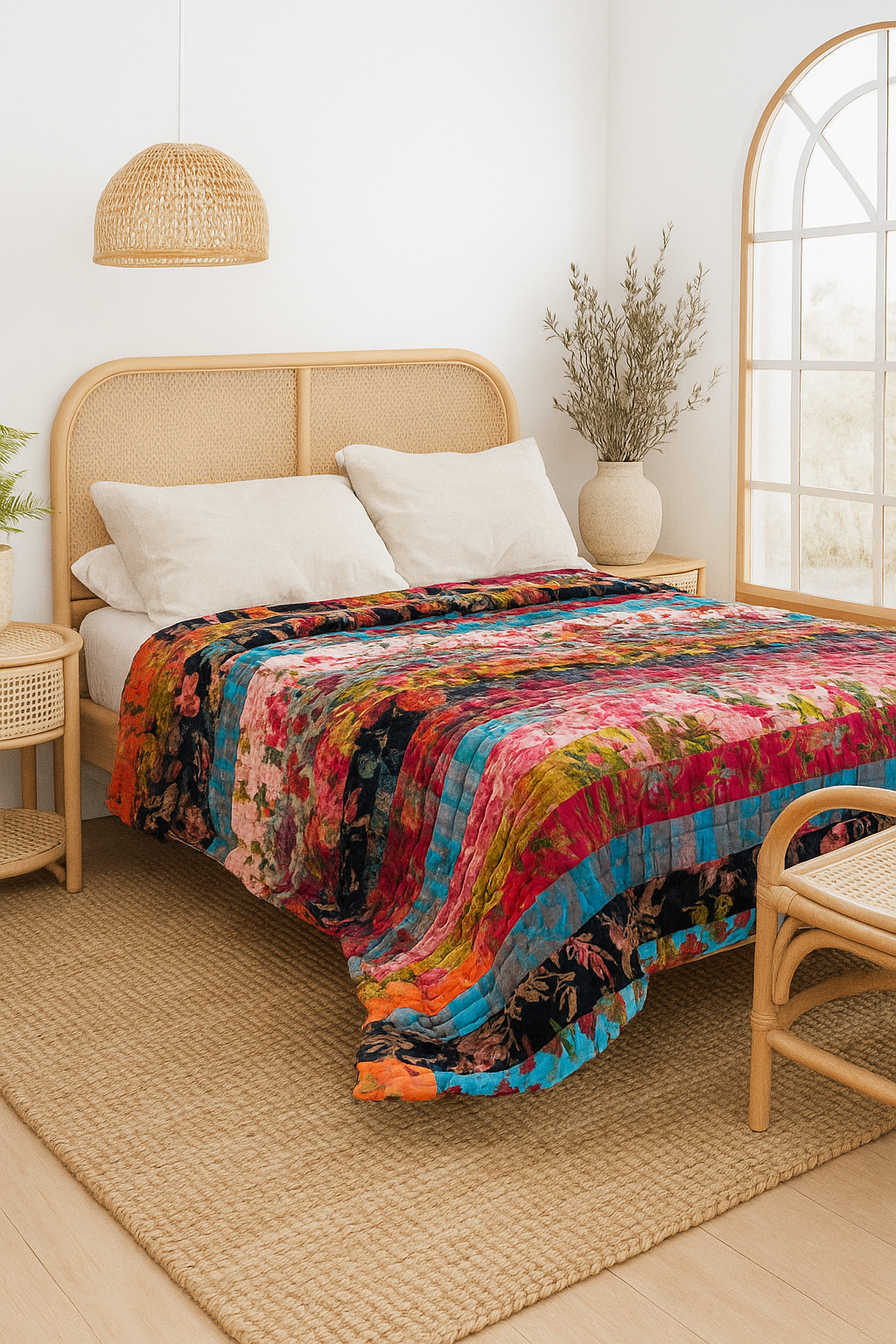 Luxury Patchwork Velvet Quilt – Unique, Upcycled Bohemian Bedding