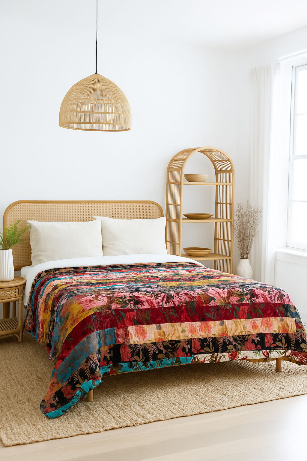 Luxury Patchwork Velvet Quilt – Unique, Upcycled Bohemian Bedding