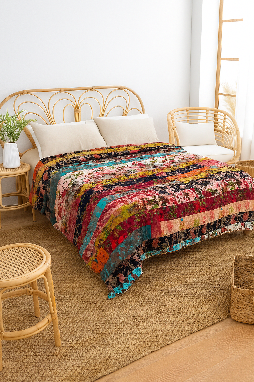 Luxury Patchwork Velvet Quilt – Unique, Upcycled Bohemian Bedding