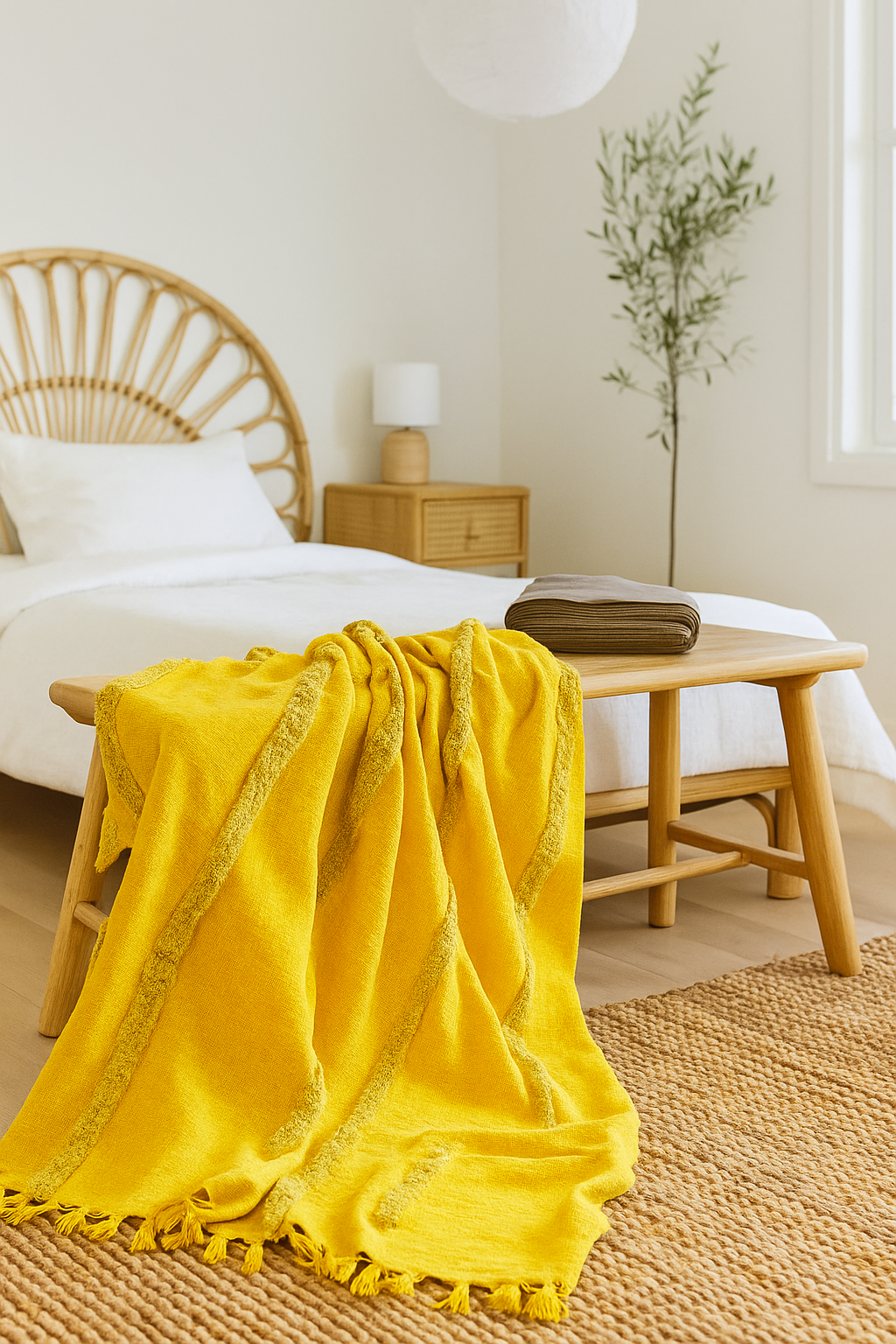 Golden Mustard Textured Cotton Throw – 125×175 cm | Handwoven Boho Blanket
