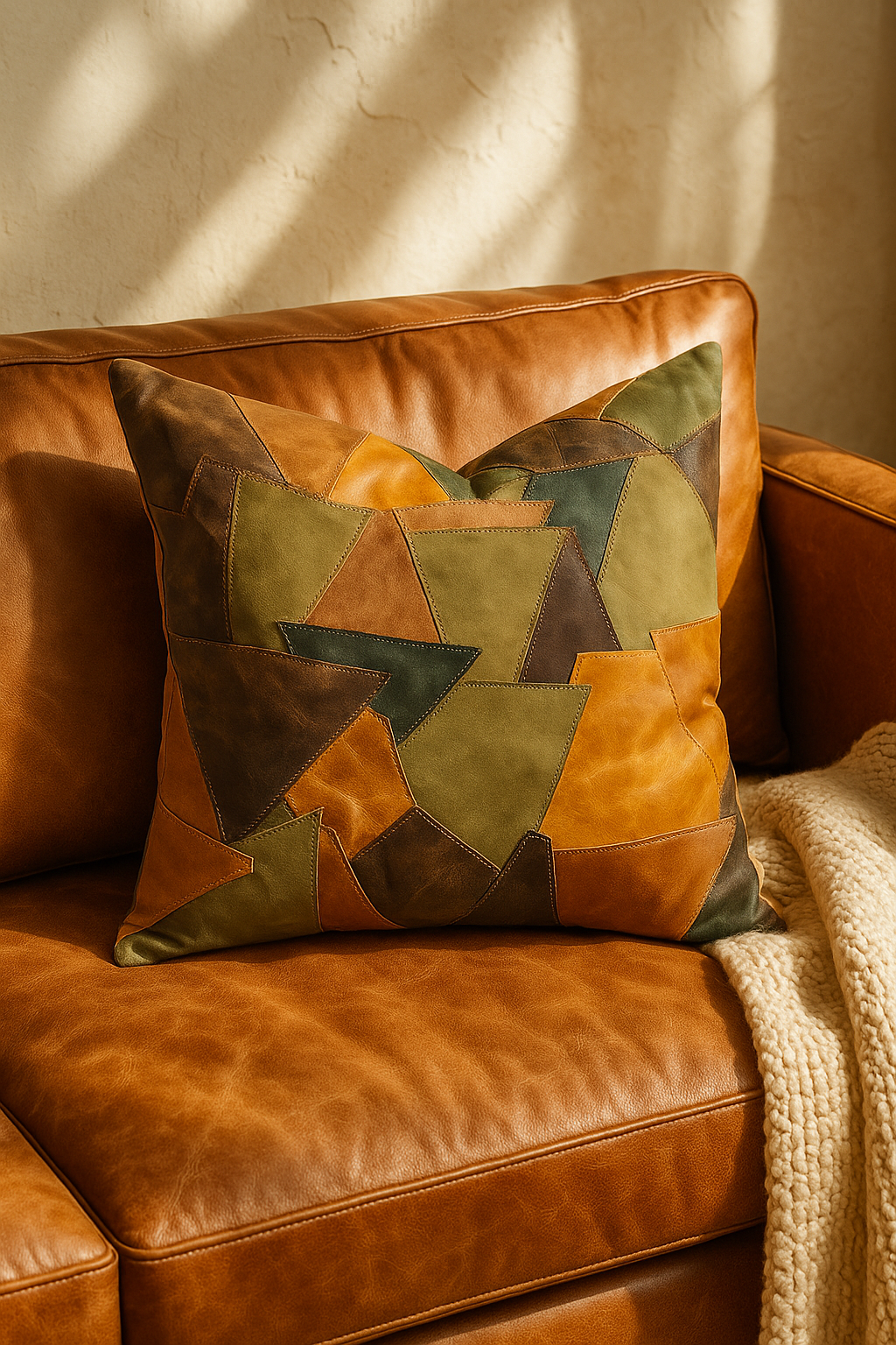 Rustic Patchwork Leather Cushion Cover - Handmade Earth Tone | 60x60cm