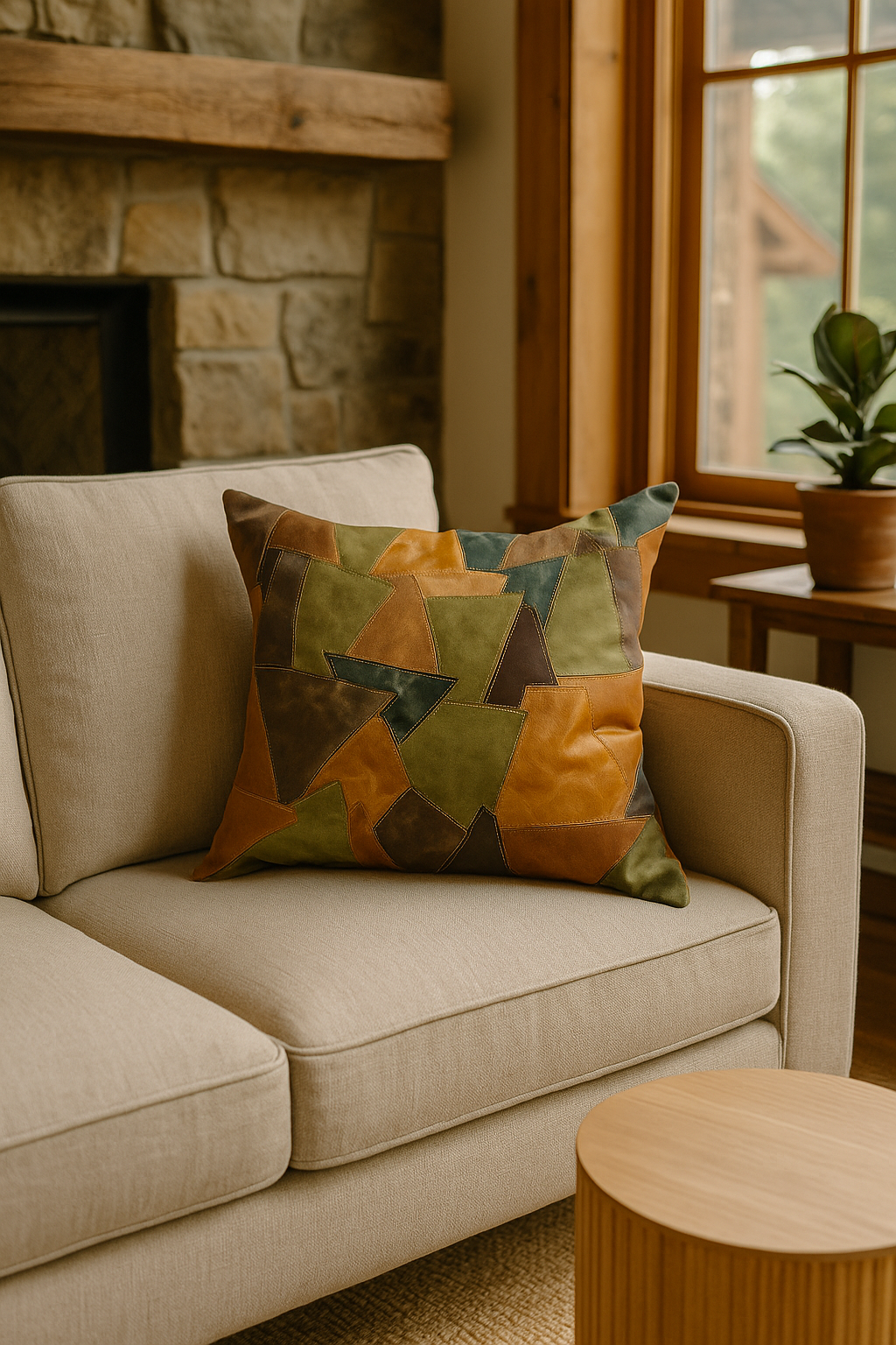 Rustic Patchwork Leather Cushion Cover - Handmade Earth Tone | 60x60cm