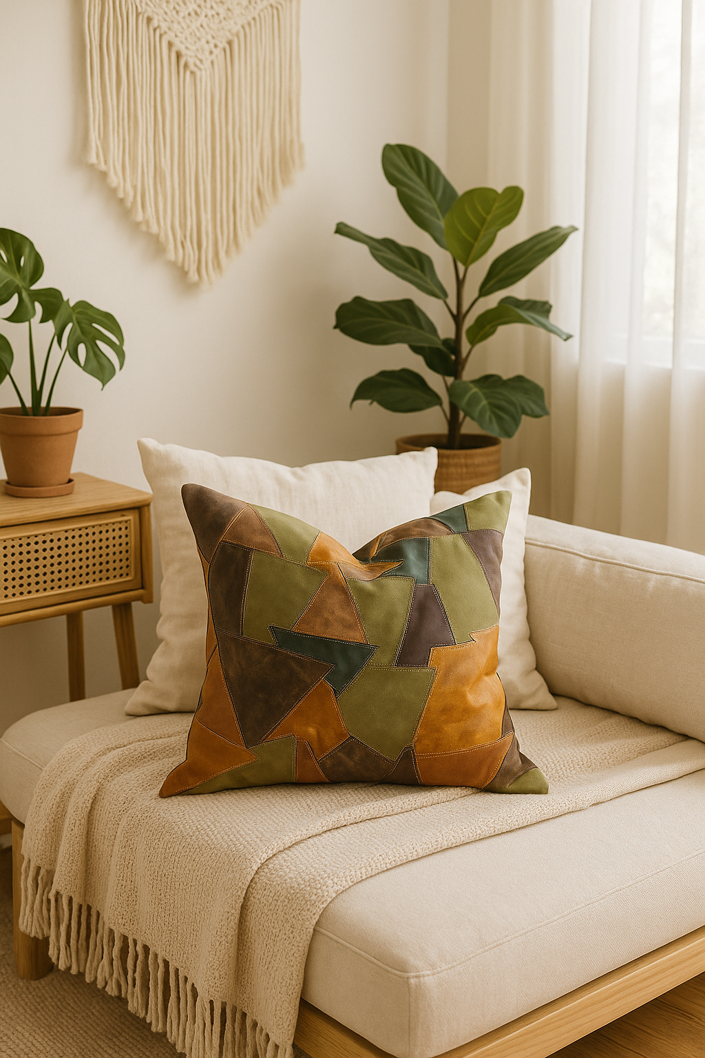 Rustic Patchwork Leather Cushion Cover - Handmade Earth Tone | 60x60cm