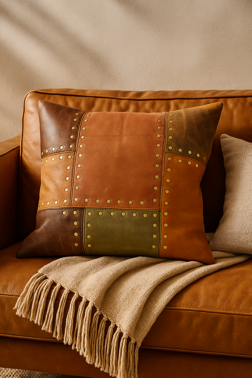 Handcrafted Leather Cushion Cover - Rustic Tan & Olive Patchwork | Linen Connections