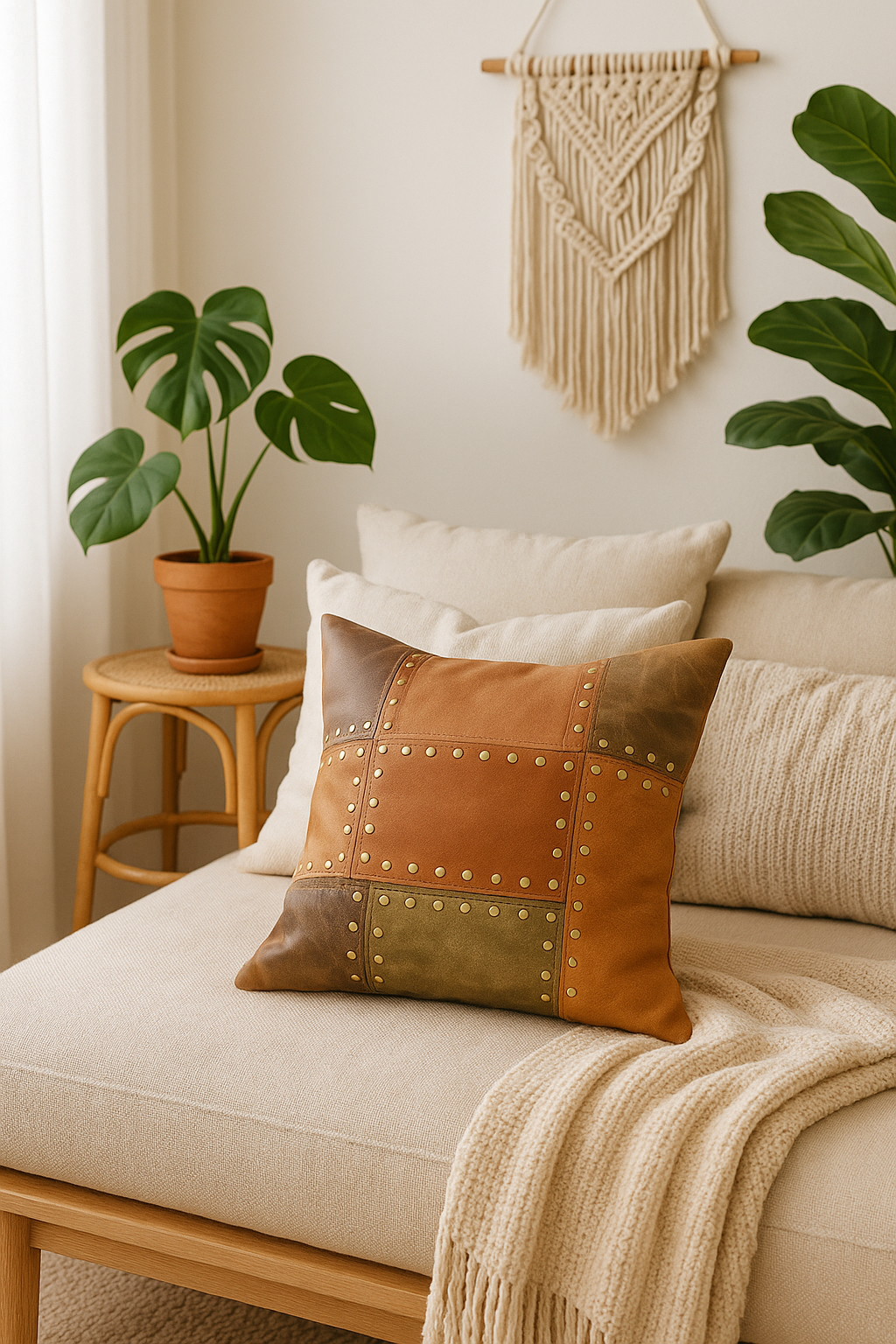 Handcrafted Leather Cushion Cover - Rustic Tan & Olive Patchwork | Linen Connections