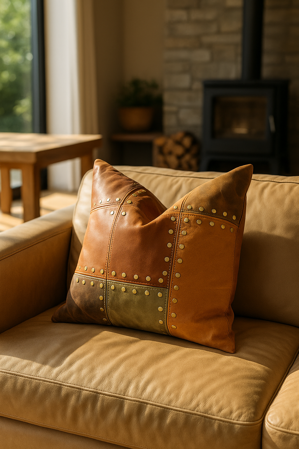 Handcrafted Leather Cushion Cover - Rustic Tan & Olive Patchwork | Linen Connections