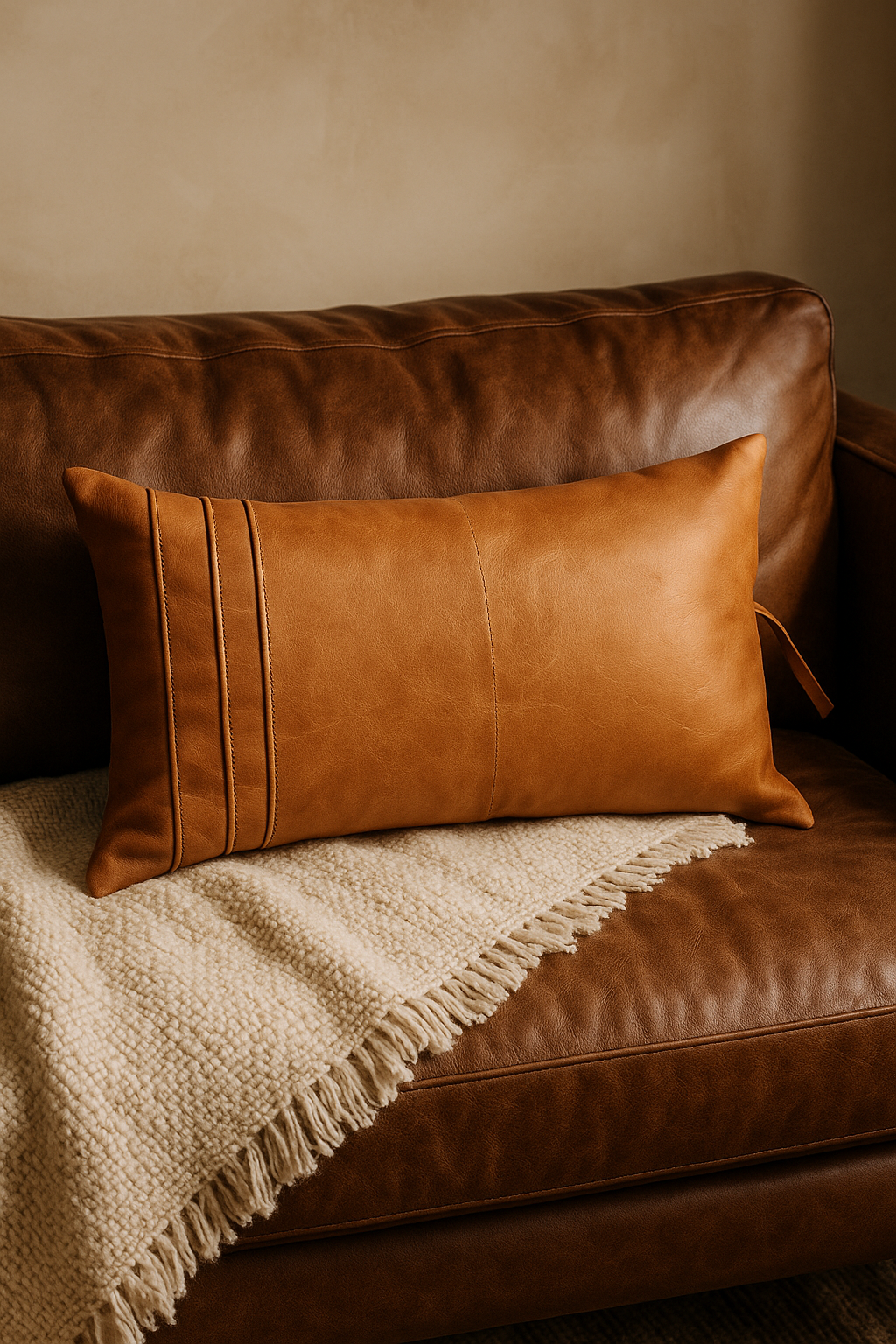 Tan Leather Lumbar Cushion – Handcrafted Boho Accent Pillow | Linen Connections