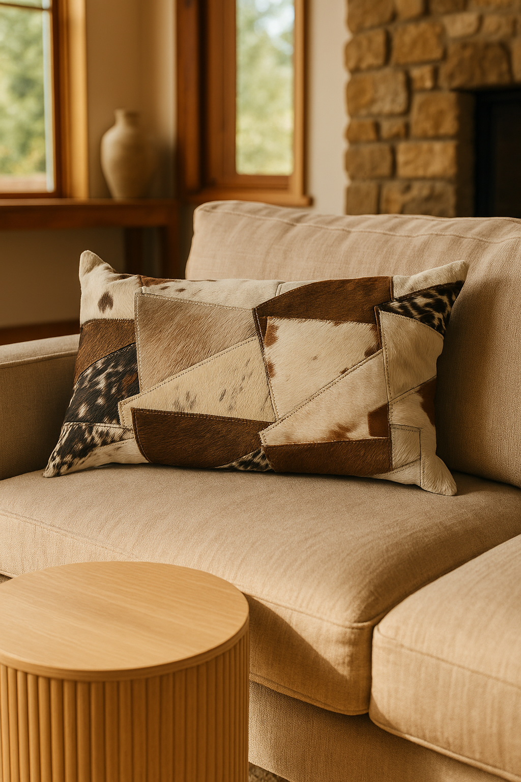 Lumbar Cowhide Cushion - Rustic Patchwork Leather Style