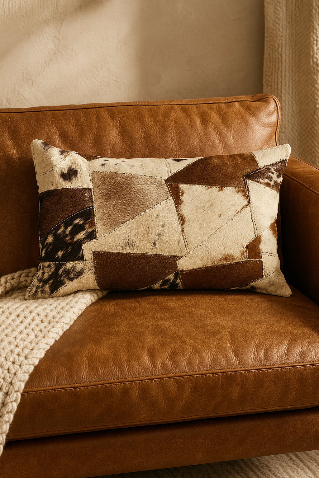 Lumbar Cowhide Cushion - Rustic Patchwork Leather Style