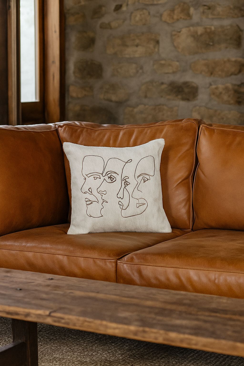Abstract Face Cowhide Leather Cushion - Handmade Cover
