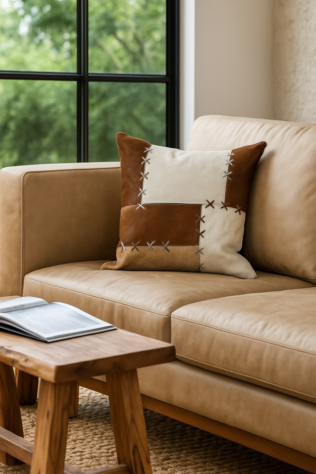 Luxe Handmade Cowhide Cushion - Rustic Patchwork 45x45