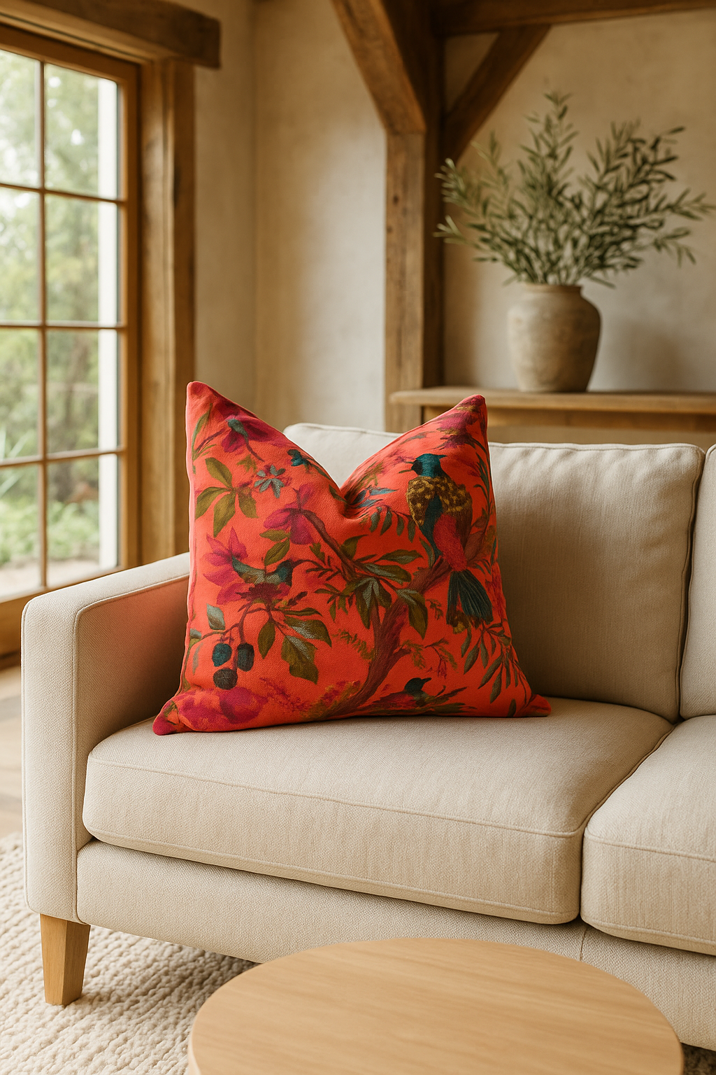 Velvet Cushion with Bird & Floral Print – Orange Velvet