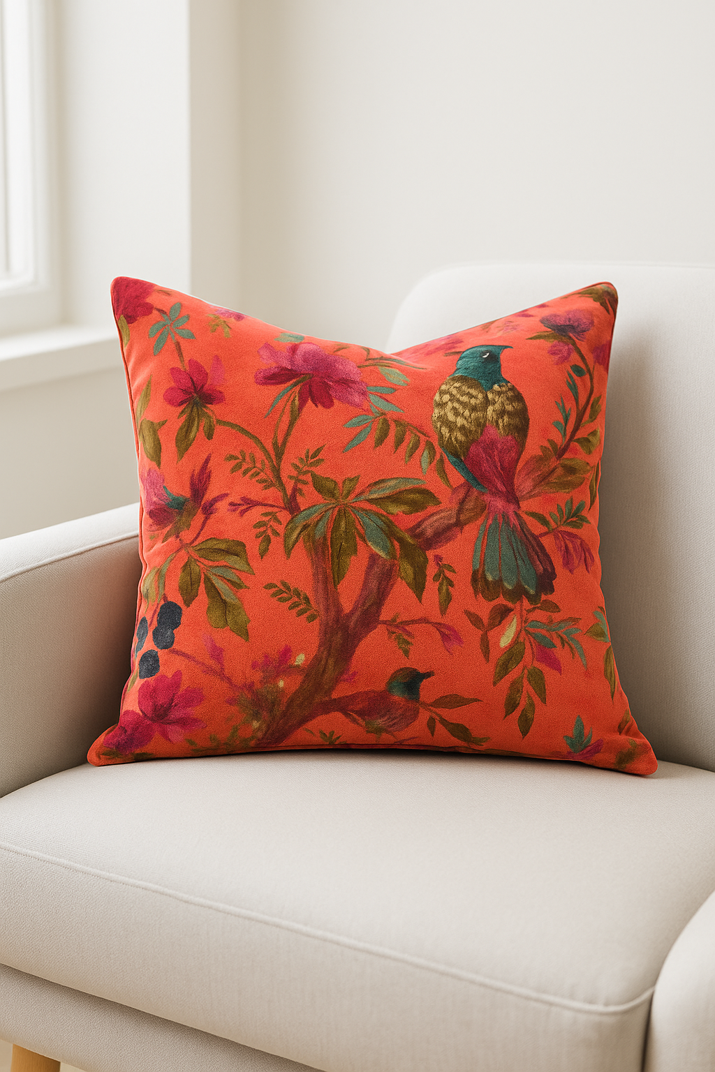 Coral pink velvet cushion featuring birds and florals, styled on a neutral sofa with timber accents.