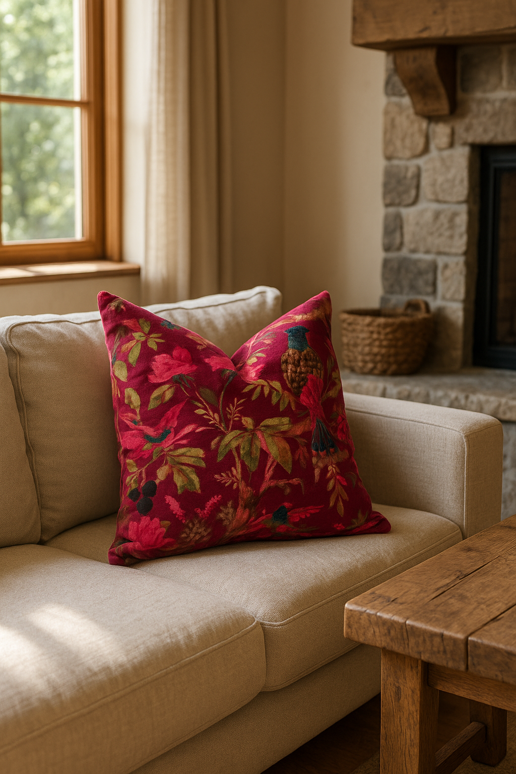 Velvet Cowhide Cushion with Bird Motif – Boho Artisan Maroon