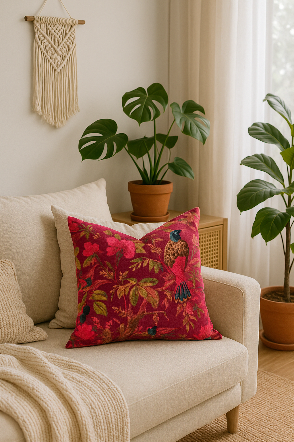 Velvet Cowhide Cushion with Bird Motif – Boho Artisan Maroon