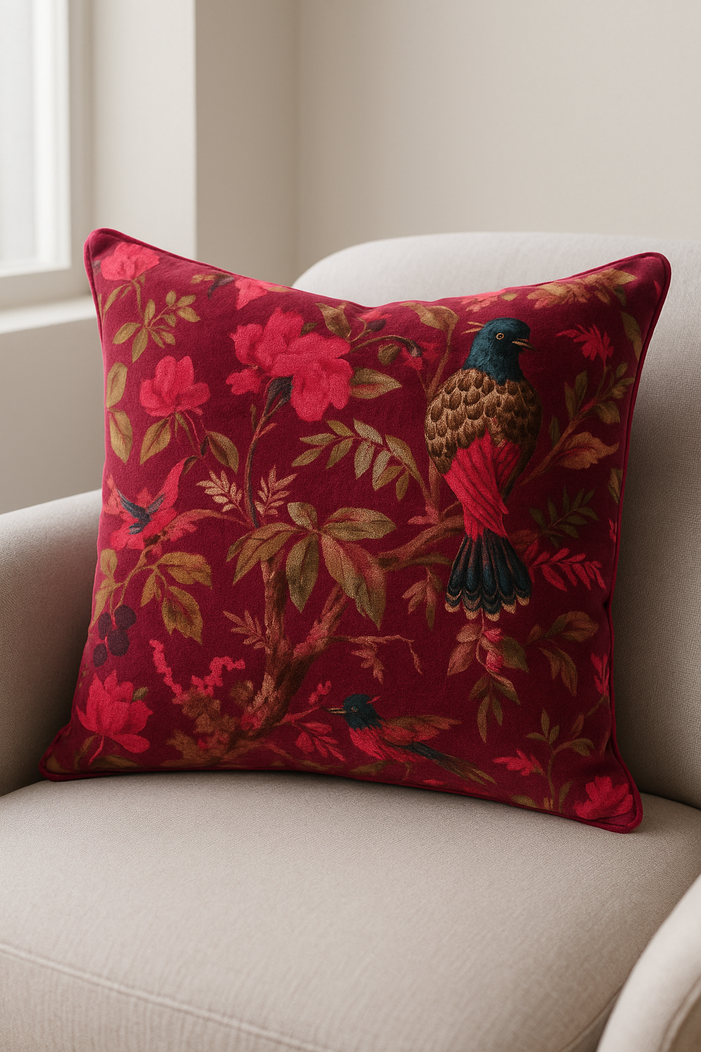 Maroon velvet cushion featuring a bold bird and floral design with hand-laced cowhide leather back, styled on a light-toned timber stool.