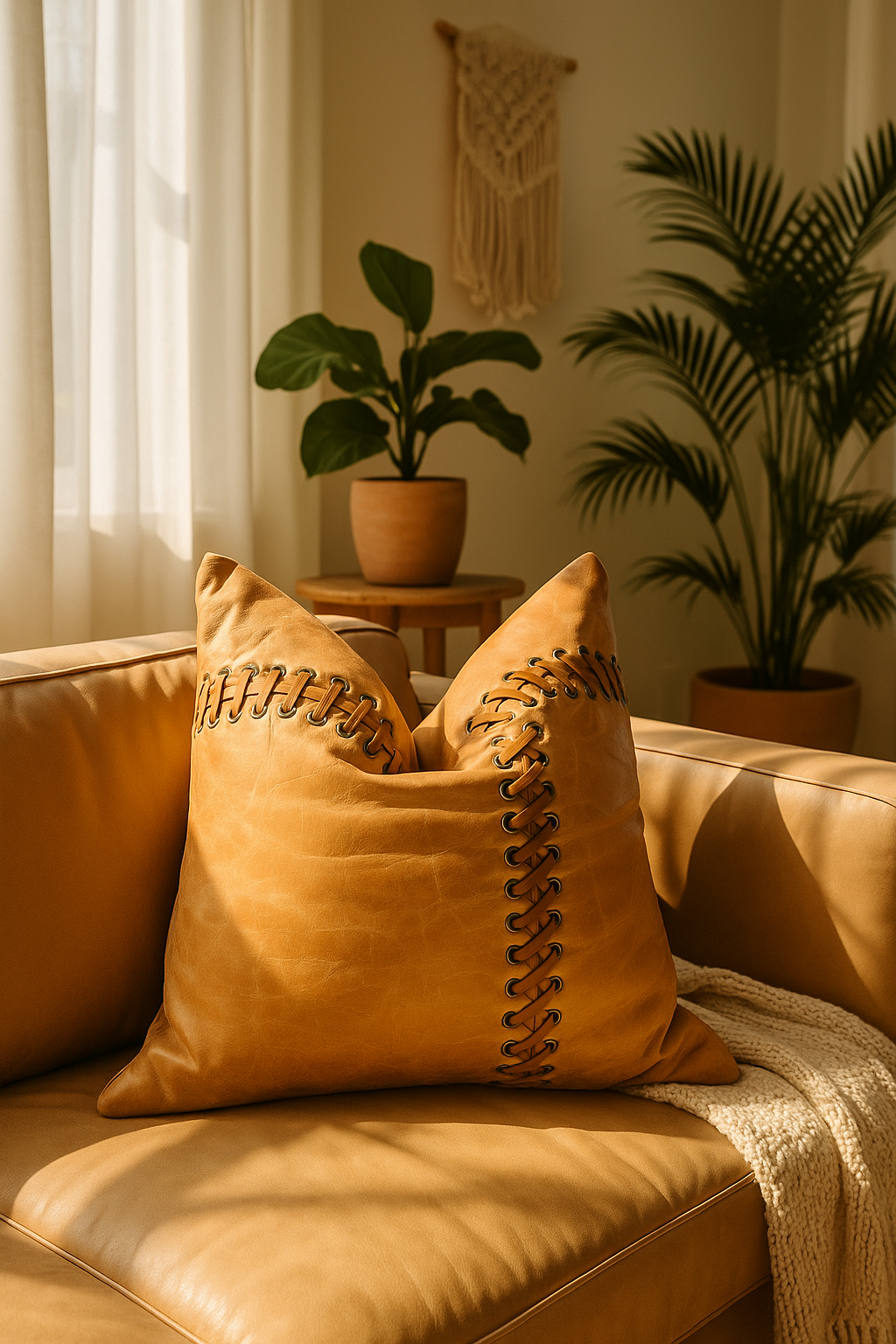 100% Tan Leather Cushion Cover - Beige Leather