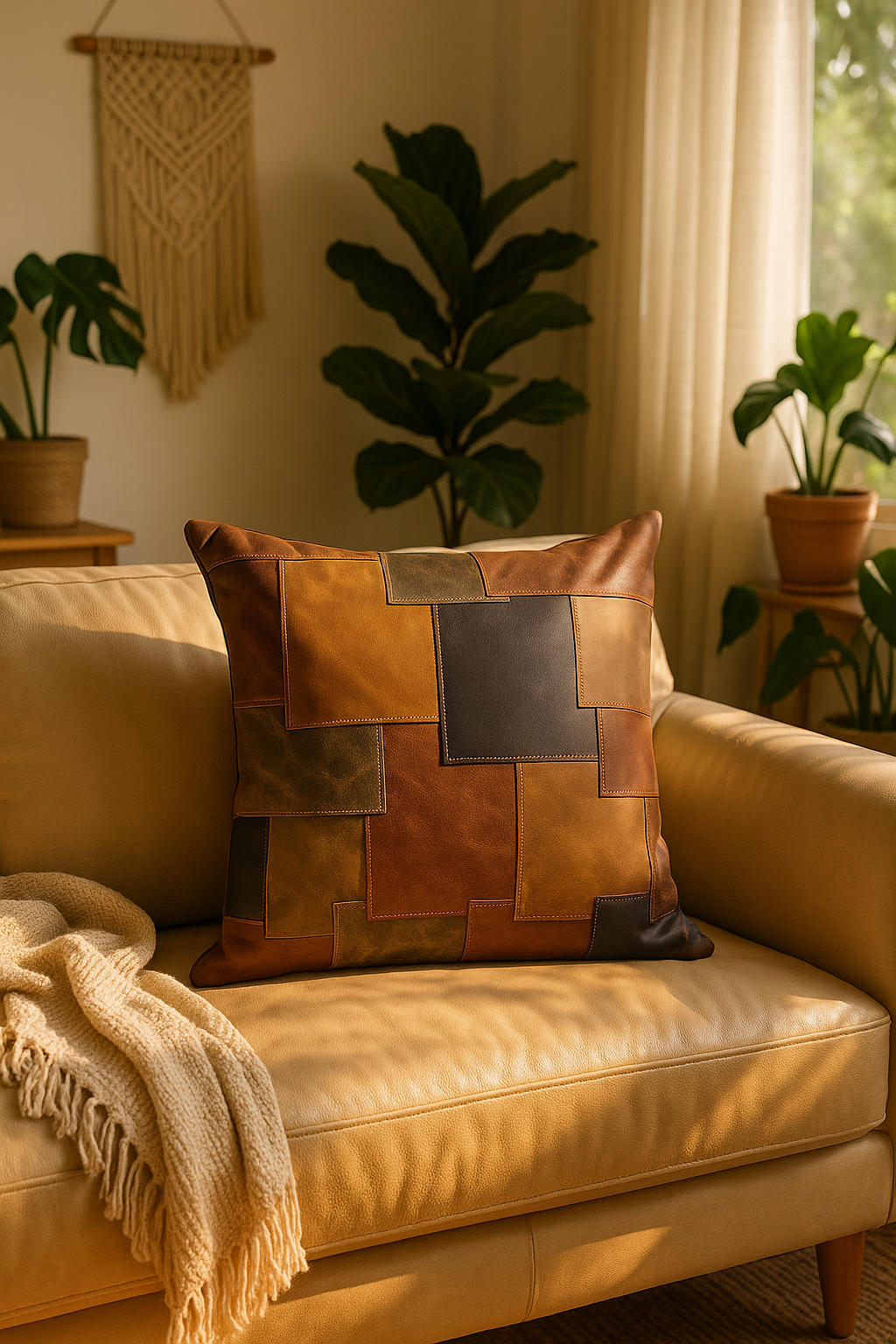 'Vintage Euphoria' 100% Leather Cushion Cover - Patchwork Cushion