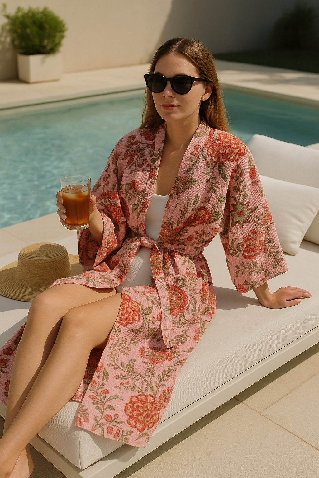 Relaxed woman wearing pink cotton spa robe, holding iced tea on poolside lounge chair