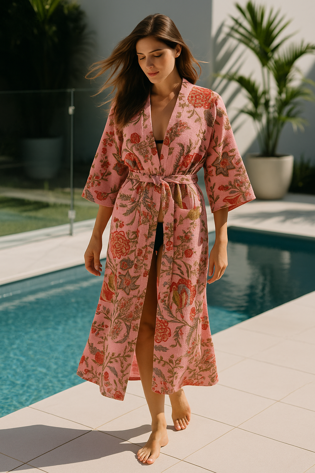 Barefoot woman in pink hand block printed kimono walking beside luxury pool at sunset