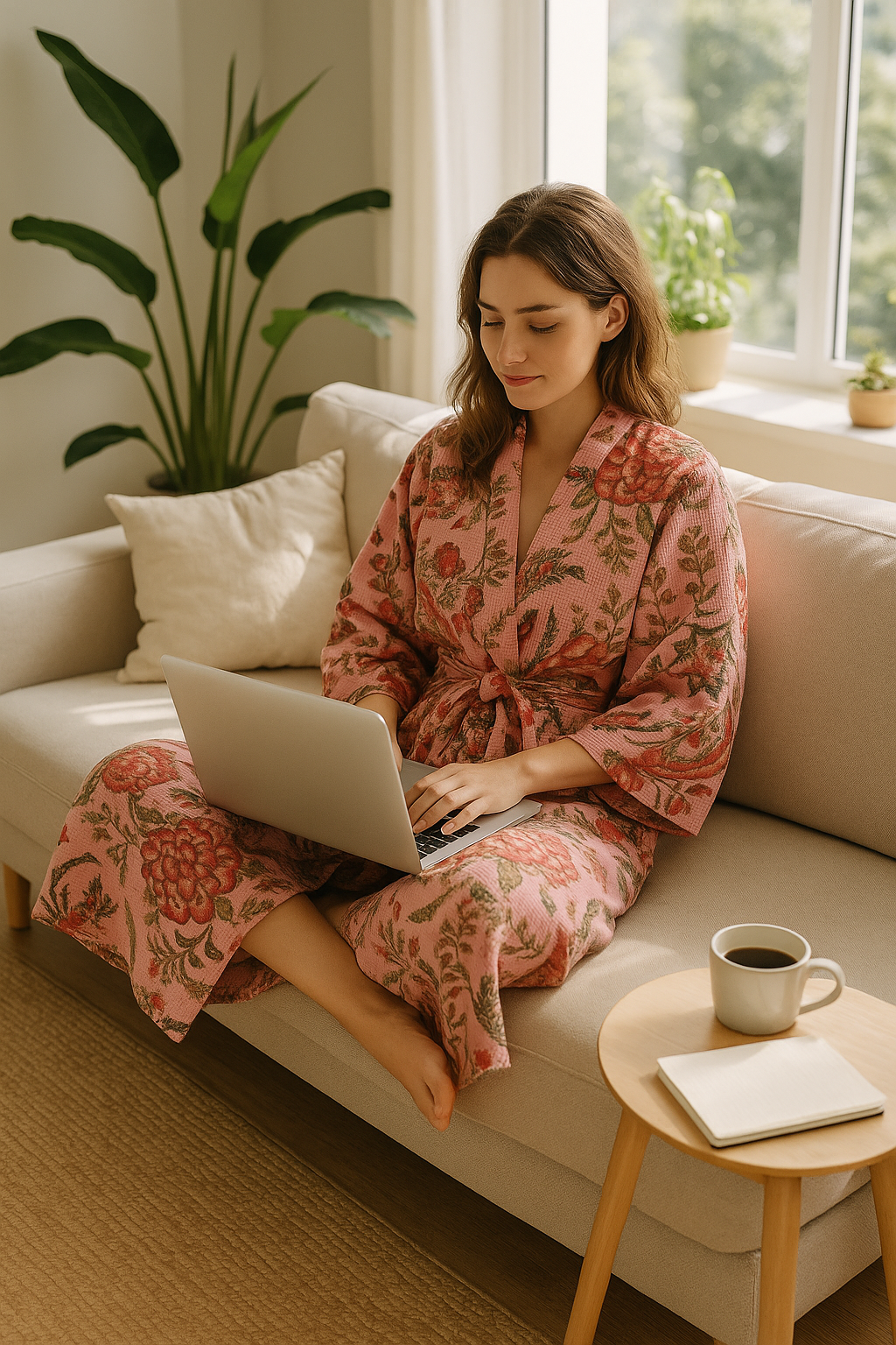 PINK Waffle Cotton Kimono Robe – Hand Block Printed Floral