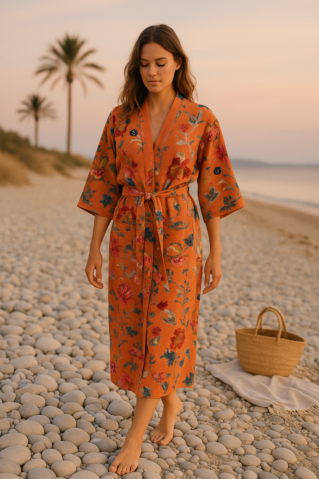Terracotta floral waffle cotton kimono displayed on mannequin in warehouse
