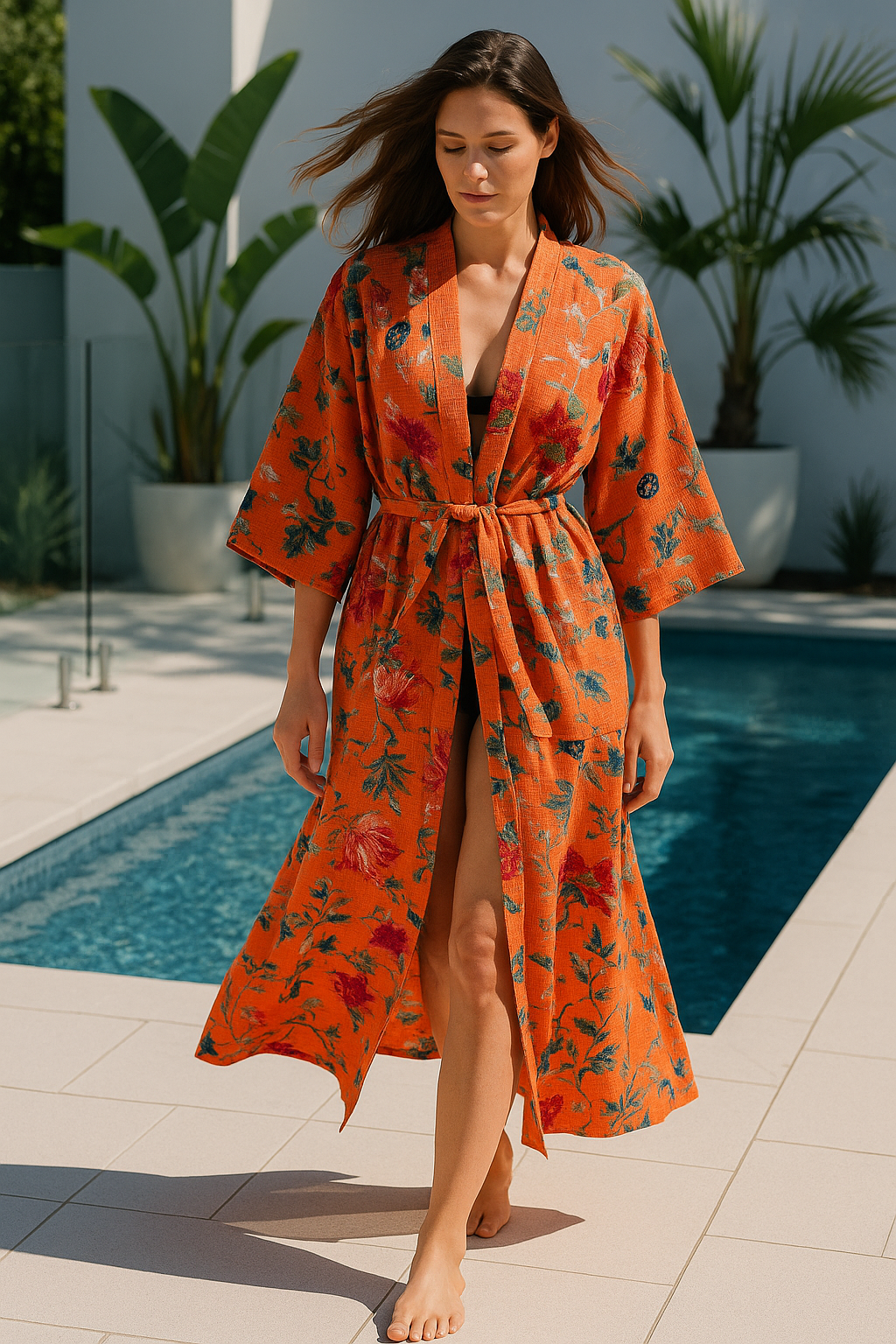 Front view of orange hand printed cotton robe with tie belt and pockets

