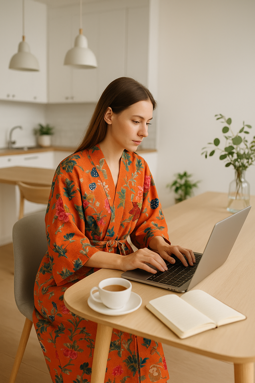 Terracotta Floral Waffle Cotton Kimono Robe – Hand Block Print
