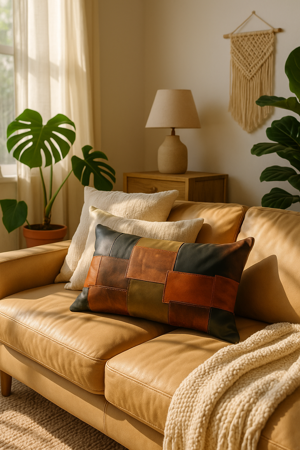 Rustic boho farmhouse style lumbar pillow - earth-tone patchwork leather